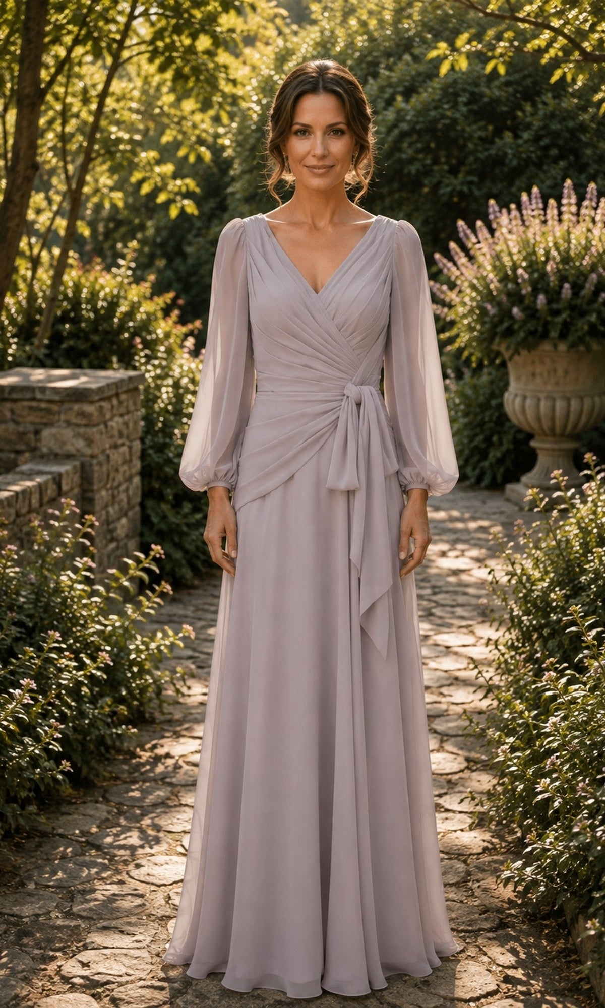 A woman wearing a light taupe Rina Di Montella R103 Tie-Waist Chiffon Long Formal Dress with a V-neck, long sheer sleeves, and a floor-length silhouette.